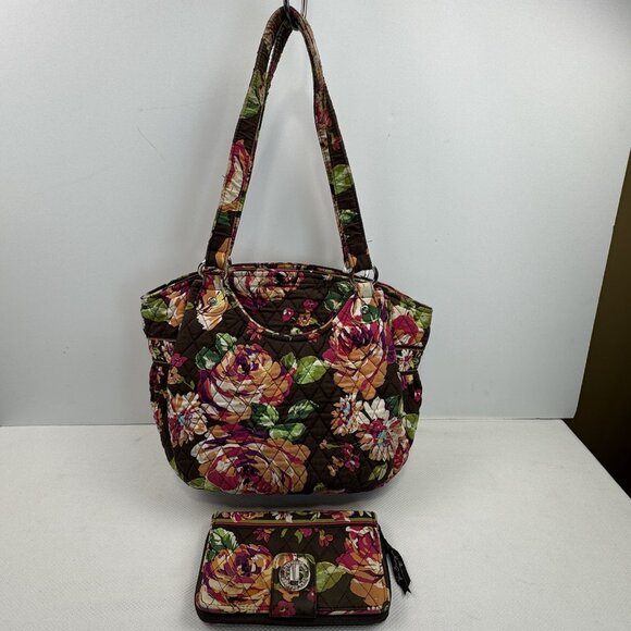 Vera Bradley English Rose Quilted Shoulder Bag Purse Wallet Set Floral Retired - Picture 1 of 16